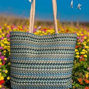 NEW!! Bueno Blue and Tan Woven Tote Bag